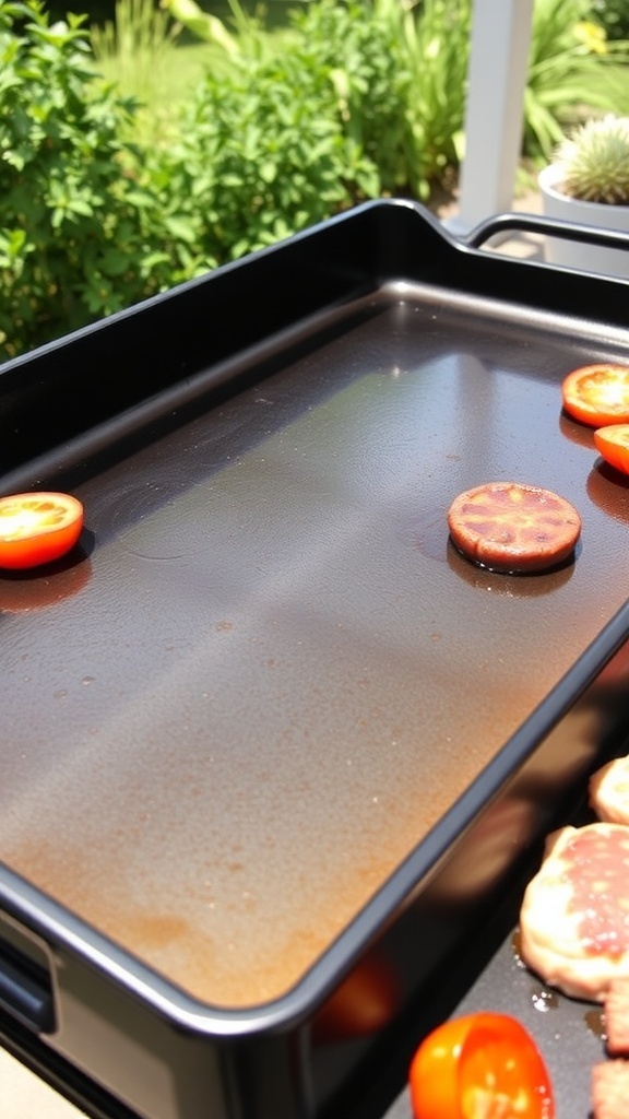 A seasoned Blackstone griddle with a shiny surface, surrounded by fresh ingredients outdoors.